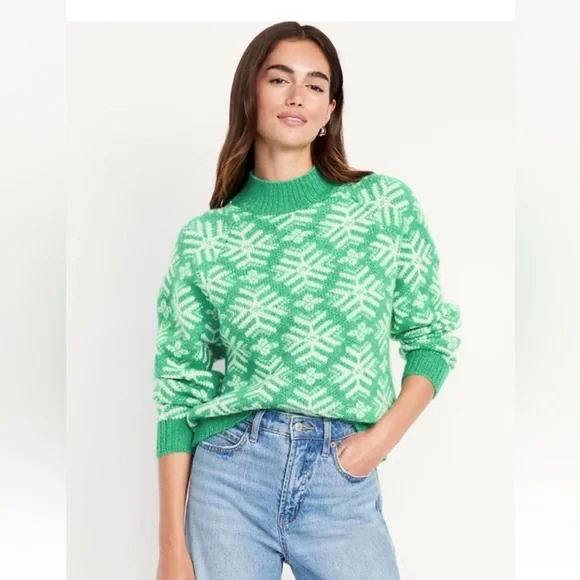 Old Navy Women's Green Snowflake Fair Isle Knit Sweater Sz L Holiday - Picture 2 of 10